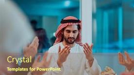  Presentation with family islamic - Presentation design consisting of muslim-family-praying-together background and a coral colored foreground