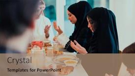  Presentation with family islamic - Presentation theme having muslim-family-praying-together background and a coral colored foreground