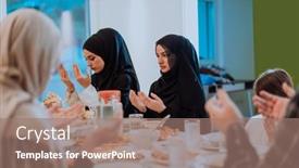  Presentation with family islamic - Presentation design enhanced with muslim-family-praying-together background and a coral colored foreground