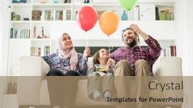  Presentation with muslim family - Slide deck having muslim-family-with-balloons-sitting background and a coral colored foreground