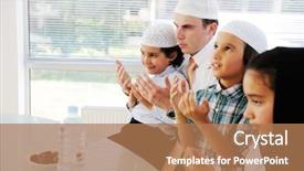  Presentation with ramadan kids - PPT layouts featuring muslim father praying with kids background and a coral colored foreground