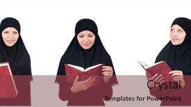  Presentation with worried young female college student - Beautiful PPT theme featuring muslim female student with book backdrop and a  colored foreground