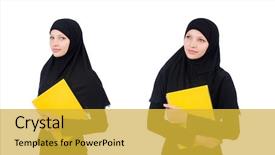  Presentation with worried young female college student - PPT layouts enhanced with muslim female student with book background and a yellow colored foreground