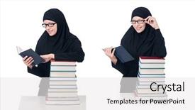  Presentation with worried young female college student - PPT layouts featuring muslim female student with book background and a  colored foreground