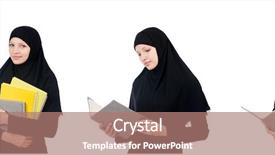  Presentation with worried young female college student - PPT layouts enhanced with muslim female student with book background and a coral colored foreground