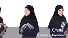  Presentation with muslim - Amazing slide deck having muslim female student with book backdrop and a wine colored foreground