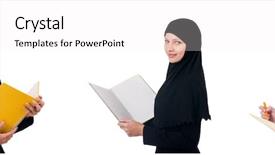  Presentation with worried young female college student - Slide deck with muslim female student with book background and a white colored foreground