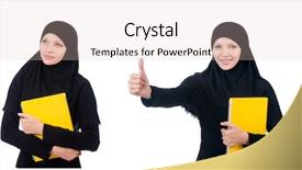  Presentation with worried young female college student - PPT theme with muslim female student with book background and a soft green colored foreground