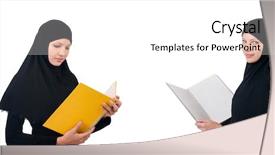  Presentation with worried young female college student - PPT theme enhanced with muslim female student with book background and a white colored foreground