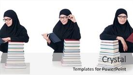  Presentation with muslim - Amazing PPT layouts having muslim female student with book backdrop and a white colored foreground