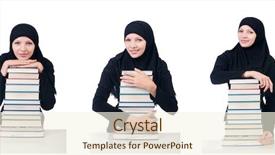  Presentation with books - Presentation design consisting of muslim female student with book background and a cream colored foreground