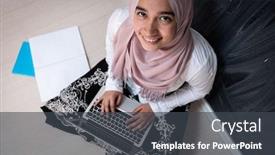  Presentation with muslim - Audience pleasing slide deck consisting of muslim-female-student-with-laptop backdrop and a dark gray colored foreground