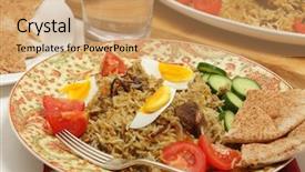  Presentation with water glass - Colorful PPT theme enhanced with muslim food - beef biryani served with tomato backdrop and a coral colored foreground