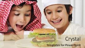  Presentation with cultural diversity kids - Audience pleasing PPT theme consisting of muslim food - two little kids with big backdrop and a coral colored foreground