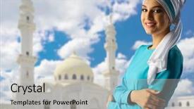  Presentation with mosque - PPT theme with muslim girl at mosque background background and a light gray colored foreground