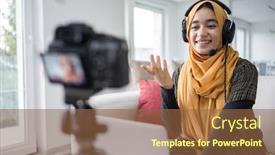  Presentation with muslim - Amazing PPT theme having muslim-girl-having-video-content backdrop and a tawny brown colored foreground