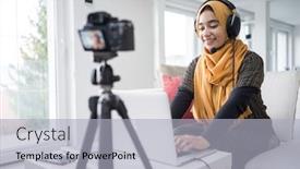  Presentation with muslim - PPT theme with muslim-girl-having-video-content background and a light gray colored foreground