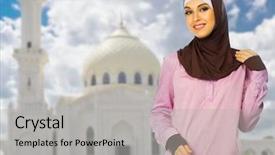  Presentation with mosque - Beautiful PPT theme featuring muslim girl on white mosque backdrop and a light gray colored foreground