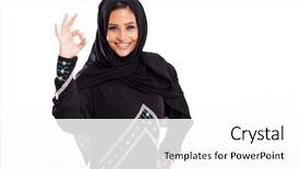  Presentation with giving - Amazing PPT theme having muslim girls - beautiful modern arabian woman giving backdrop and a white colored foreground