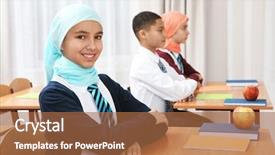  Presentation with school class arabic kids - Cool new slide deck with muslim girls - cute girl sitting at desk backdrop and a  colored foreground