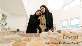  Presentation with muslim family - Slide set with muslim-girls-preparing-table background and a coral colored foreground