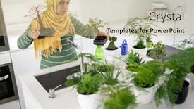  Presentation with plants - PPT theme enhanced with muslim-housewife-at-home-watering background and a coral colored foreground