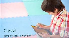  Presentation with playground - PPT layouts enhanced with muslim kids - boy at his yablet background and a  colored foreground