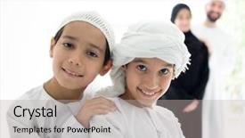  Presentation with arabic countries - Colorful slide deck enhanced with muslim kids - happy arabic family in row backdrop and a light gray colored foreground