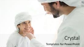  Presentation with arabic kids - Theme having muslim kids - happy arabic father making headscarf background and a light gray colored foreground