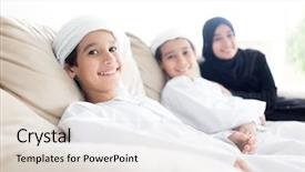  Presentation with eastern - Colorful presentation theme enhanced with muslim kids - middle eastern family at home backdrop and a  colored foreground