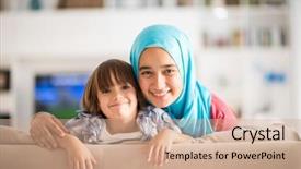  Presentation with home - PPT theme enhanced with muslim kids - young woman with little kid background and a coral colored foreground
