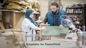  Presentation with muslim - Slide deck with muslim male and female in workshop working together background and a mint green colored foreground