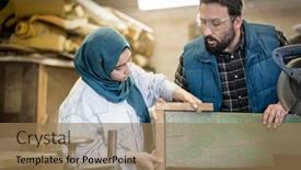  Presentation with working together - Audience pleasing slide deck consisting of muslim male and female in workshop working together backdrop and a coral colored foreground