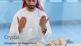  Presentation with iftar - Theme consisting of muslim-man-making-iftar-dua background and a light blue colored foreground