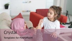  Presentation with muslim - Audience pleasing PPT theme consisting of muslim mother and son having backdrop and a coral colored foreground