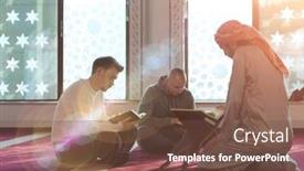  Presentation with islamic book - Colorful slide deck enhanced with muslim-people-in-mosque-reading backdrop and a tawny brown colored foreground