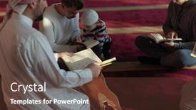  Presentation with quran - Beautiful PPT layouts featuring muslim-people-in-mosque-reading backdrop and a tawny brown colored foreground