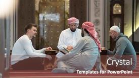  Presentation with quran - Audience pleasing slide set consisting of muslim-people-in-mosque-reading backdrop and a tawny brown colored foreground
