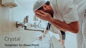  Presentation with cleansing - Slides consisting of muslim-performing-ablution-ritual-religious background and a light gray colored foreground