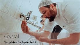  Presentation with muslim prayer - PPT theme having muslim-performing-ablution-ritual-religious background and a coral colored foreground