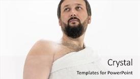  Presentation with hajj - Presentation design consisting of muslim pilgrim with hajj clothes background and a light gray colored foreground
