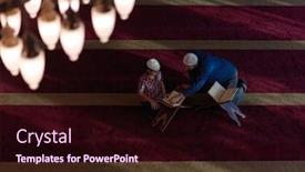  Presentation with islamic book - Colorful PPT theme enhanced with muslim-prayer-father-and-son backdrop and a wine colored foreground
