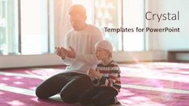  Presentation with islamic book - PPT theme featuring muslim-prayer-father-and-son background and a lemonade colored foreground