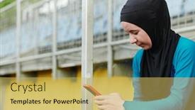  Presentation with hijab - PPT theme with muslim-sports-fitness-woman-dressed background and a yellow colored foreground