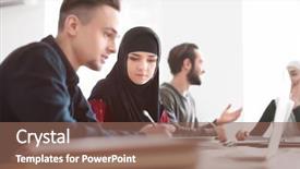  Presentation with classmates - Cool new PPT layouts with muslim students with their classmates backdrop and a violet colored foreground