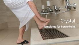  Presentation with muslim prayer - Colorful PPT theme enhanced with muslim-takes-ablution-for-prayer backdrop and a coral colored foreground