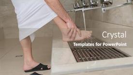  Presentation with muslim prayer - Colorful PPT theme enhanced with muslim-takes-ablution-for-prayer backdrop and a gray colored foreground