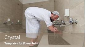  Presentation with islamic muslim - Presentation design featuring muslim-takes-ablution-for-prayer background and a gray colored foreground
