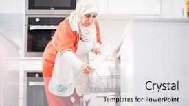  Presentation with pregnant woman cleaning - Slides featuring muslim traditional woman cleaning in kitchen background and a light gray colored foreground