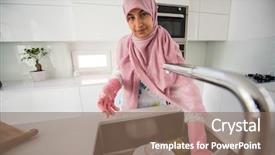  Presentation with woman muslim - PPT layouts having muslim traditional woman washing dishes in kitchen background and a violet colored foreground